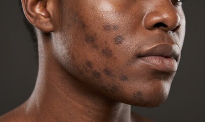 Naklejka premium Close-up of African American male face with post-inflammatory hyperpigmentation, dark spots, acne scars, and uneven skin tone on cheek, dermatology and skincare concept