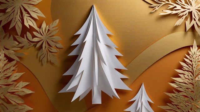 Elegant paper cut Christmas trees with golden winter foliage &ndash; festive holiday background