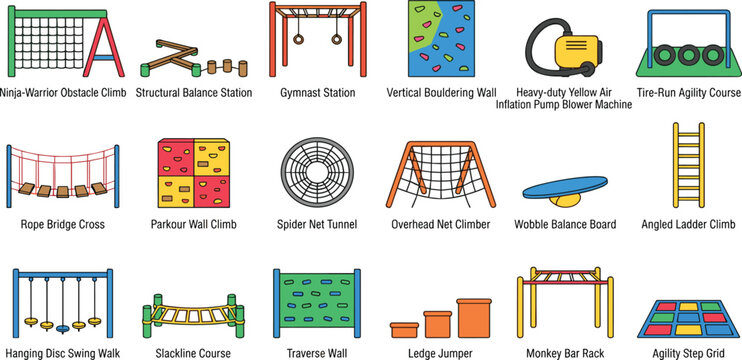 Ninja Warrior Obstacle Course and Agility Training Equipment Vector Icon Set Featuring Climbing Walls Rope Bridges Monkey Bars and Balance Stations