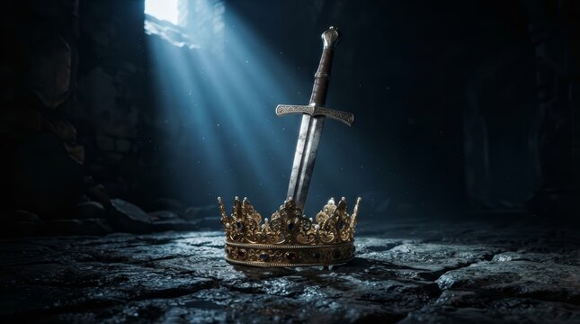 Medieval weapon and golden crown representing royal authority under dramatic light.