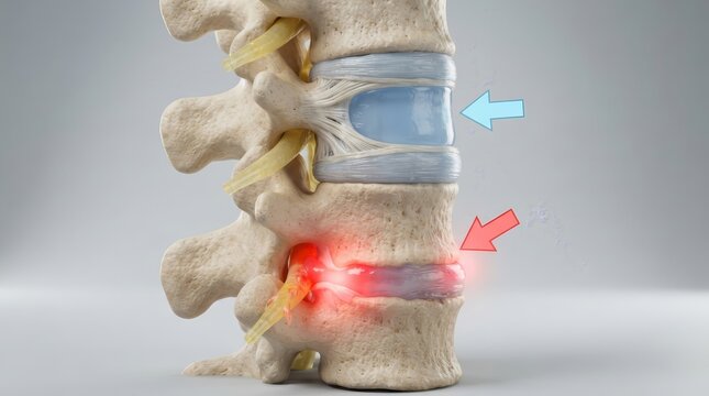 Anatomical comparison of a healthy intervertebral disc and a herniated disc causing spinal nerve pain.