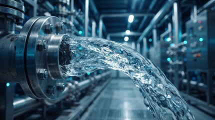 Fototapeta premium Turbulent clear water motion flowing through a metal industrial pipe in a technology infrastructure setting.