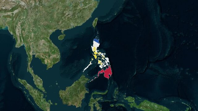 Globe zooms to philippines with flag animation southeast asia geography video world map political zoom animation travel culture nation country filipino island archipelago international mapping
