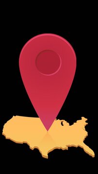 Animated location pin mark on USA map representing travel destination, navigation, geotargeting, and logistics. Chroma key green screen with alpha channel. (loopable)