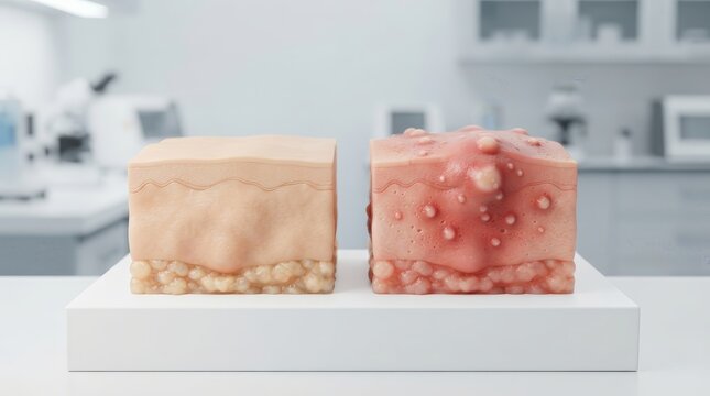 Close up view of a 3D skin model showing normal healthy skin next to inflamed acne skin.