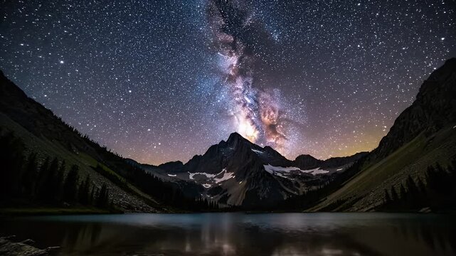 Majestic Mountain Lake Under a Stunning Milky Way Galaxy - A breathtaking view of the Milky Way galaxy arching over a serene lake with a majestic mountain range in the background.