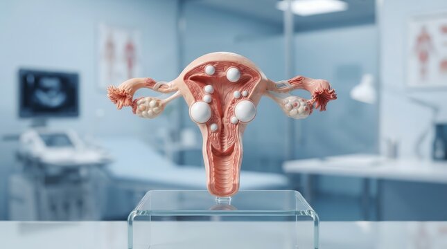 Uterine fibroid anatomy model representing pelvic pain and women's health in a clinic setting.