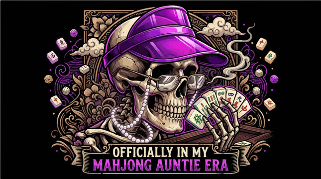 Officially In My Mahjong Auntie Era funny skeleton wearing a sun visor and pearl necklace holding mahjong tiles, humorous dark humor vector illustration