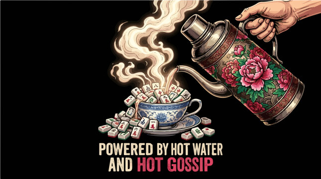 Powered By Hot Water And Hot Gossip funny vintage thermos pouring tea and mahjong tiles into a cup, humorous asian culture print on demand graphic design.