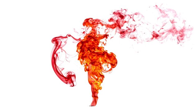 An abstract image features fiery red and orange smoke trails against a bright white background, resembling flames and forms