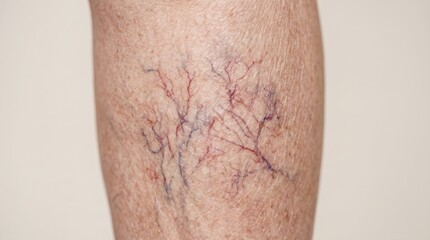 Fototapeta premium Close-up of spider veins telangiectasia and varicose veins on skin of human leg, vascular disease and dermatological problem