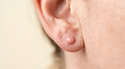 Fototapeta premium Close-up of keloid scar cyst on human earlobe after piercing, dermatological skin imperfection and healing complication