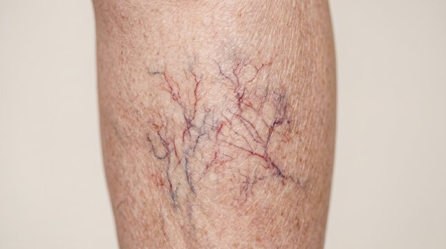 Close-up of spider veins telangiectasia and varicose veins on skin of human leg, vascular disease and dermatological problem