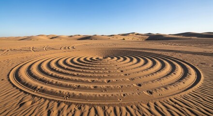 Obraz premium Circular labyrinth pattern formed in the sand of a vast desert landscape illustration