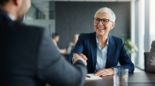 Senior businesswoman with glasses smiling while shaking hands in a professional meeting.