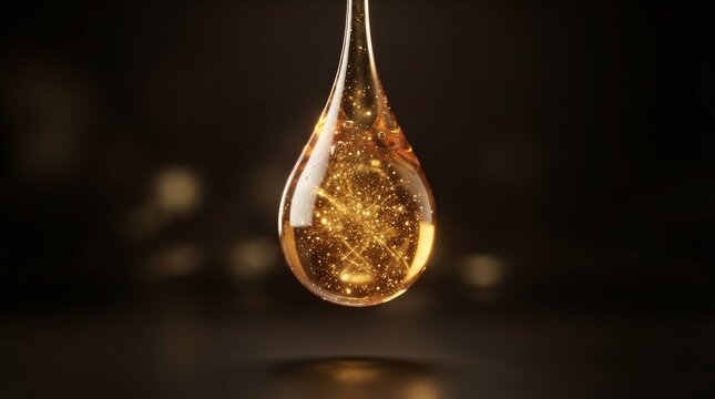 Sparkling golden liquid droplet containing glowing particles against a dark backdrop.