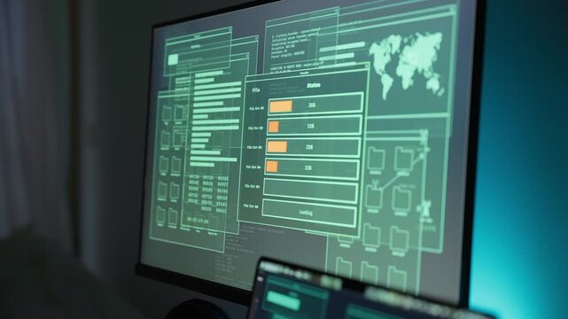 Dark office room with computer monitor showing data and file transfer process. Copying sending uploading information onto remote server or online archive. Government secret spy center or hacker group