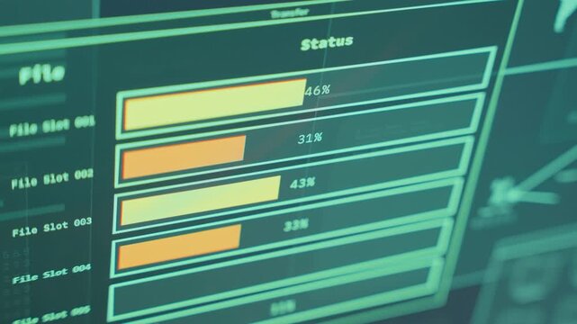 Close up on computer screen as files and data upload to remote server or ftp folder. Sending government secret information and surveillance data or breaching exposed secured archive by hacker group