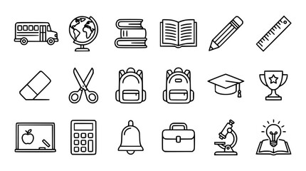 Education and back to school thin line icon set featuring school bus globe books backpack graduation cap microscope blackboard and learning line symbols © Md Imran
