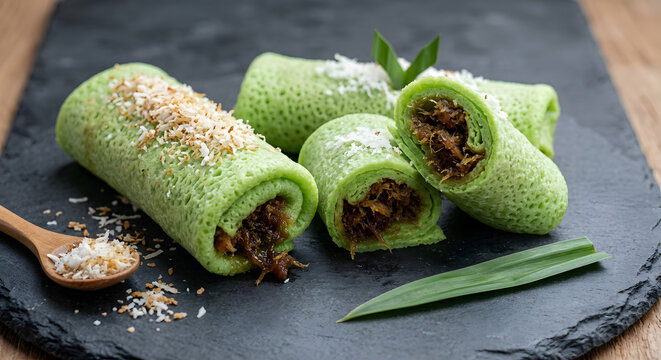 Traditional Indonesian sweet snack Dadar Gulung filled with grated coconut and brown sugar