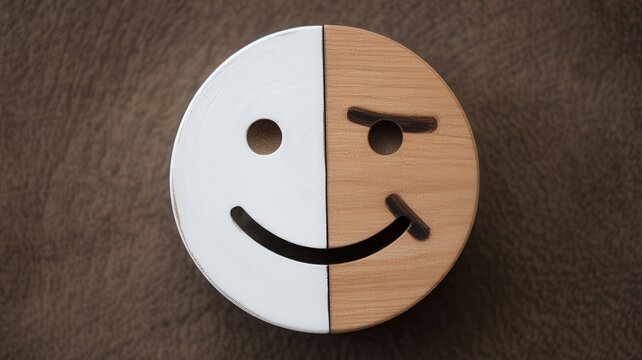 A two-faced wooden smiley face icon. Represents duality and mixed emotions.