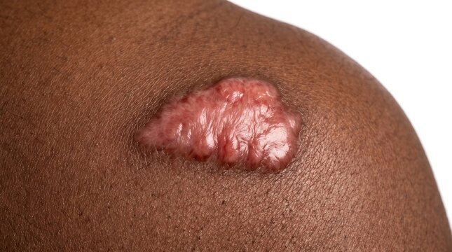 Macro view of a large raised keloid scar on dark skin, hypertrophic scar tissue after injury or surgery, medical dermatology concept