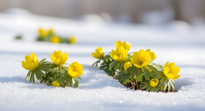Bright yellow winter aconite flowers blooming through the white snow on the first day of winter season landscape