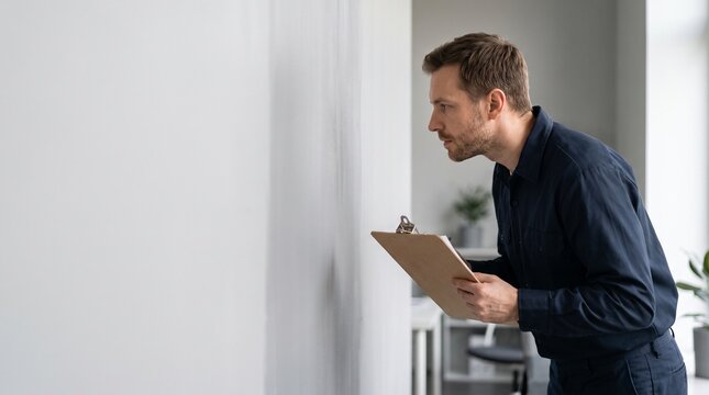 Painter inspecting finished office wall, professional quality control, workplace renovation with left side copy space