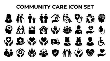 Obraz premium A comprehensive collection of black vector icons representing social support, healthcare, and community assistance.