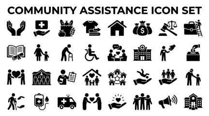 Obraz premium A comprehensive collection of black vector icons representing social support, charity, and community services.