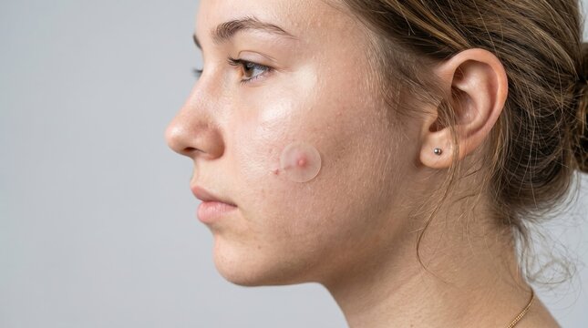 Side view of a young woman face with a translucent hydrocolloid acne patch applied on a pimple on her cheek, skincare treatment concept
