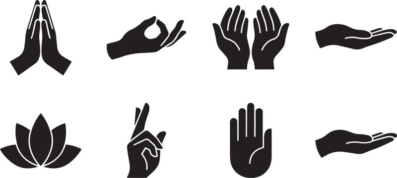Set of black hand gesture including praying hands, mudra, open palms, lotus flower, and reaching hand silhouettes on white background