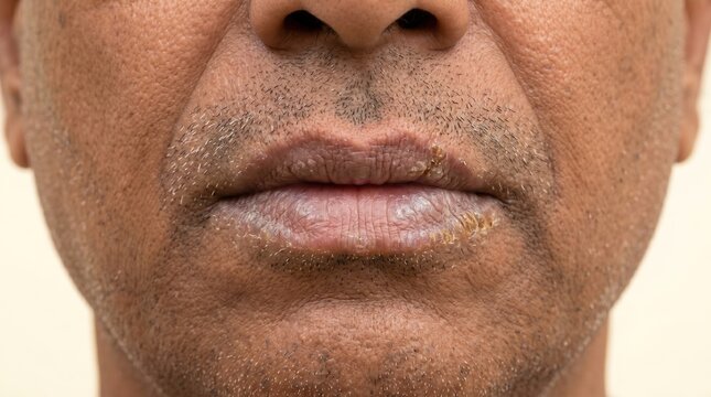 Close-up of mature male lips with cold sore, dry chapped skin, and crusting herpes simplex virus lesions, lip care and medical concept