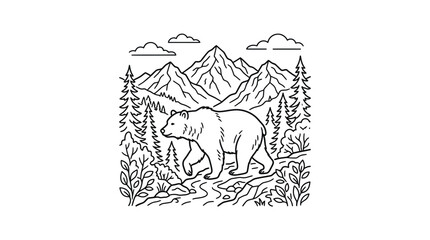 Clean Black and White Line Drawing of Mother Bear with Cub in Mountain Forest Landscape with high quality professional line art symbols for modern creative design and digital branding projects © SARJONO