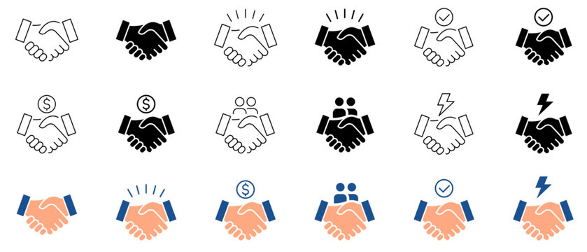Business partnership and handshake icon set. Deal agreement, corporate cooperation, financial trust and team consensus outline, solid and flat symbols. Vector.