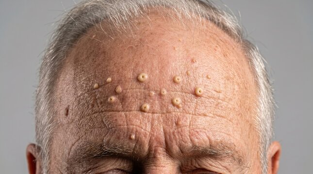 Close-up of senior male forehead with multiple yellowish papules of sebaceous hyperplasia, aging skin blemishes and dermatology concept