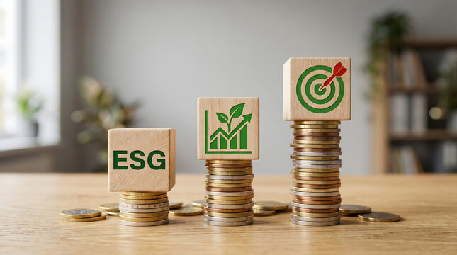 Wooden blocks with esg text and green growth charts stacked on coins with wooden cubes marked ESG growth symbols resting stacks coins table sustainable
