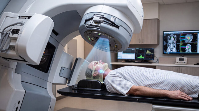 Highly detailed medical visualization of external beam radiation therapy, linear accelerator accurately targeting a malignant tumor, precision oncology, healthcare technology and modern cancer treatme