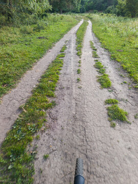 Point of View Riding Bicycle on Dirt Path in Green Countryside