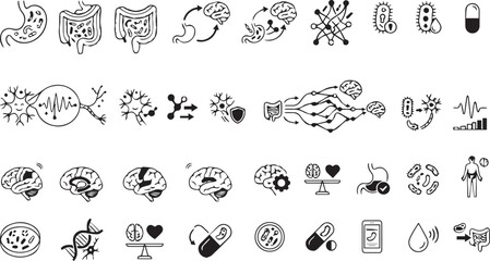 Fototapeta premium Set of black and white representing the gut-brain axis, microbiome, human anatomy, neurons, bacteria, and medical health diagnostics