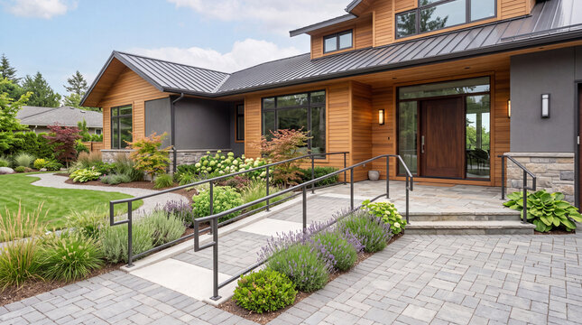 Accessible modern home entrance with step free walkway and wide doorway