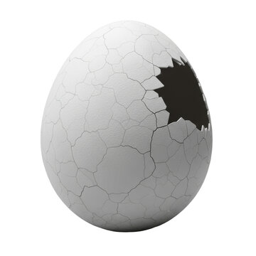 A large white egg with fine cracks and a jagged hole revealing a hollow interior on a transparent background with even studio lighting concept of fragility