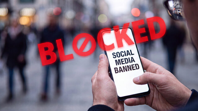  smartphone showing a social media banned message with blocked lettering for platform restriction censorship and internet policy themes