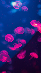 Vertical shot of vibrant glowing pink moon jellyfish swimming in deep blue water with glowing bokeh and dark reflection, ideal for futuristic background. © Вита Курило