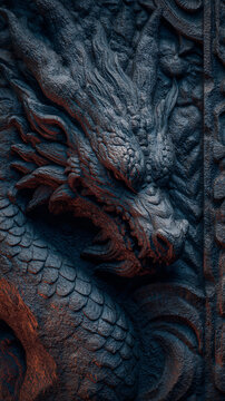 Close-up of detailed ornate dragon sculpture showcasing scales and textured surface
