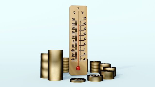 A 3D rendering of a wooden analog thermometer surrounded by coins with dollar signs.&nbsp;Thermal fluctuations and climate events generate financial burdens.