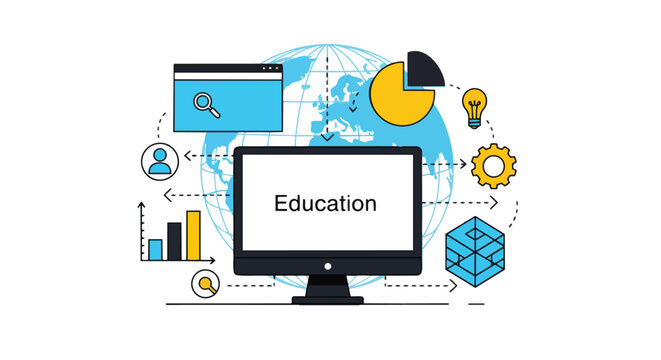 Modern vector illustration of education concept on screen with world globe background, perfect for online courses, educational websites and learning materials.