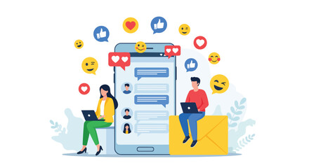 Fototapeta premium People interacting with a mobile phone and social media emoticons, modern illustration concept for digital marketing, communication, and online engagement.