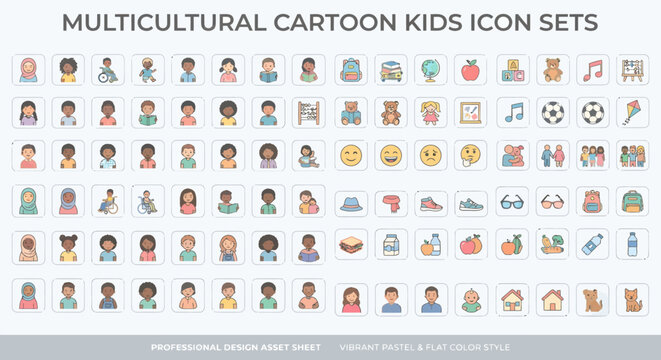 Multicultural cartoon kids icon set with school and education elements