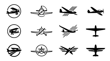 Aviation and Vintage Airplane Icon Set Featuring Black Silhouette Propeller Planes Gliders Jet Aircraft Emblems and Flight Badges for Travel and Aerospace Logos © Kulsum
